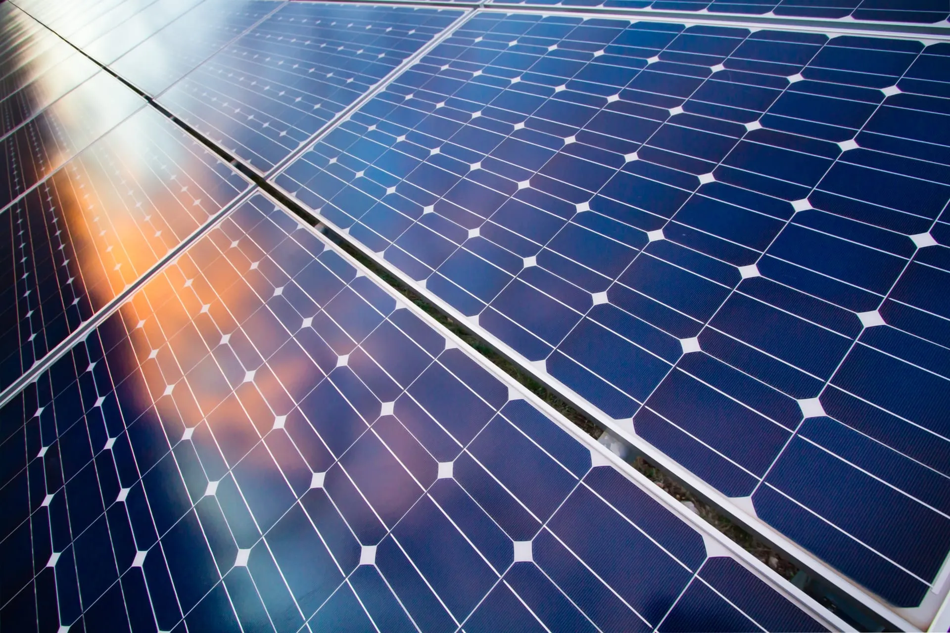 Close-up of photovoltaic panels struck by the orange light of sunset