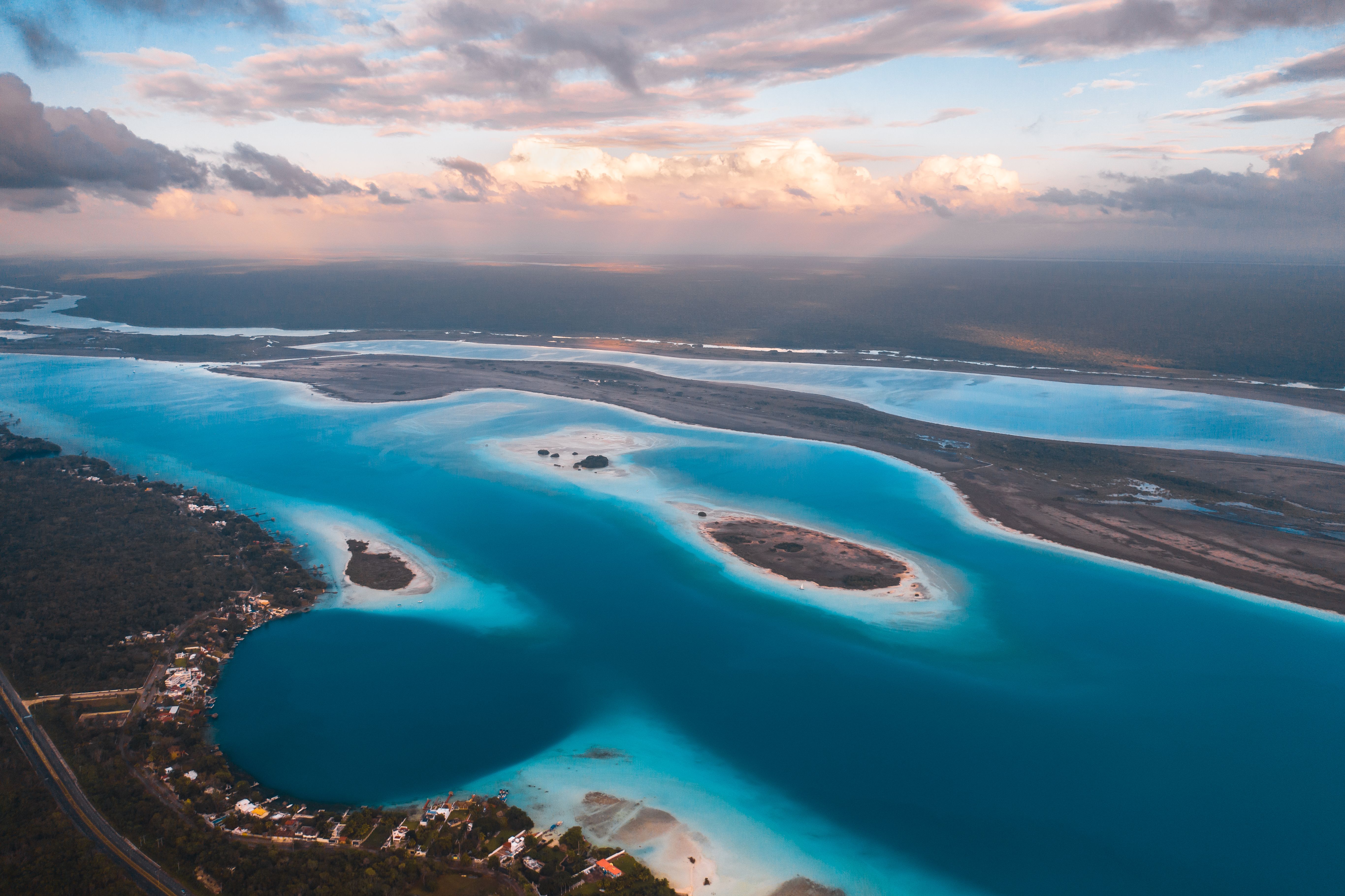 Panoramic aerial view of Bacalar Lagoon shades of blue