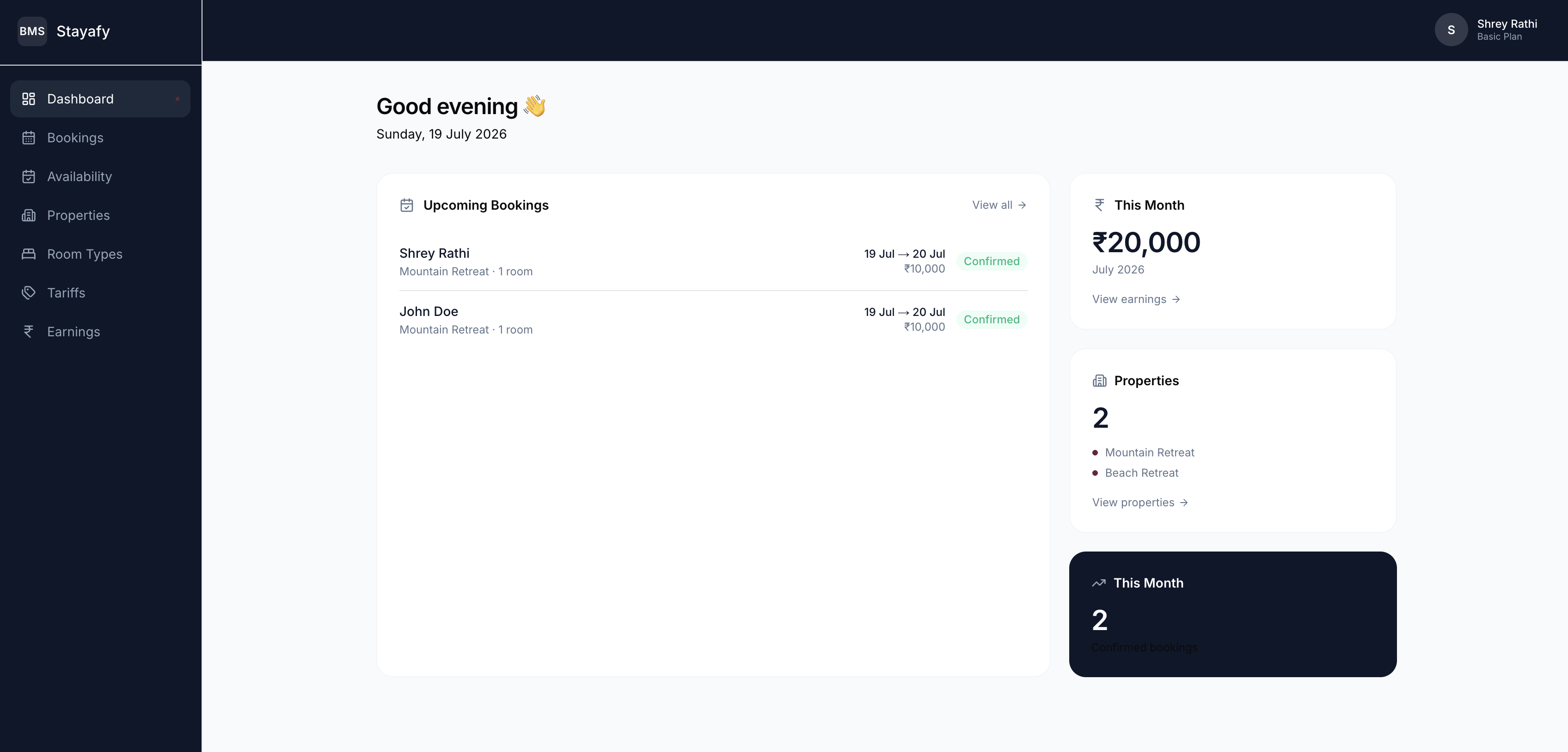 Stayafy dashboard