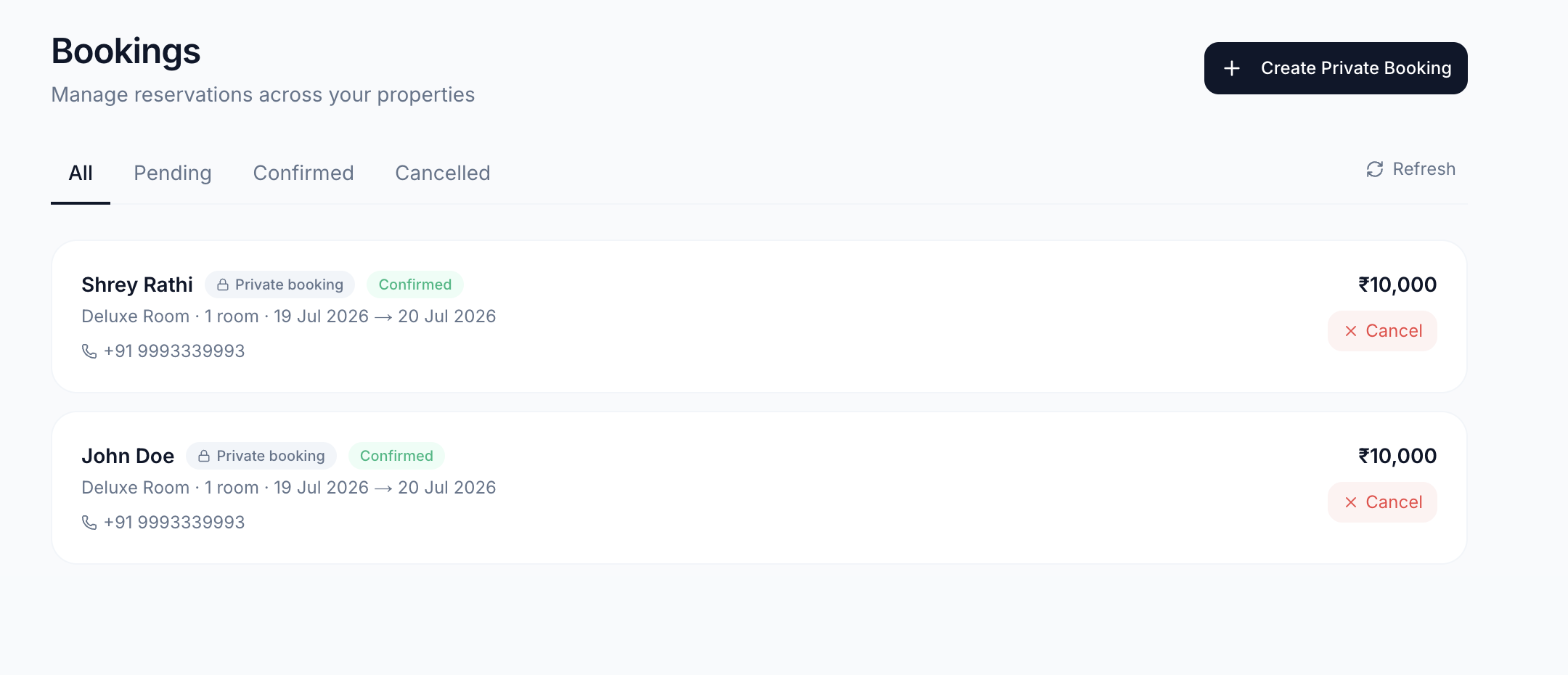 Bookings dashboard