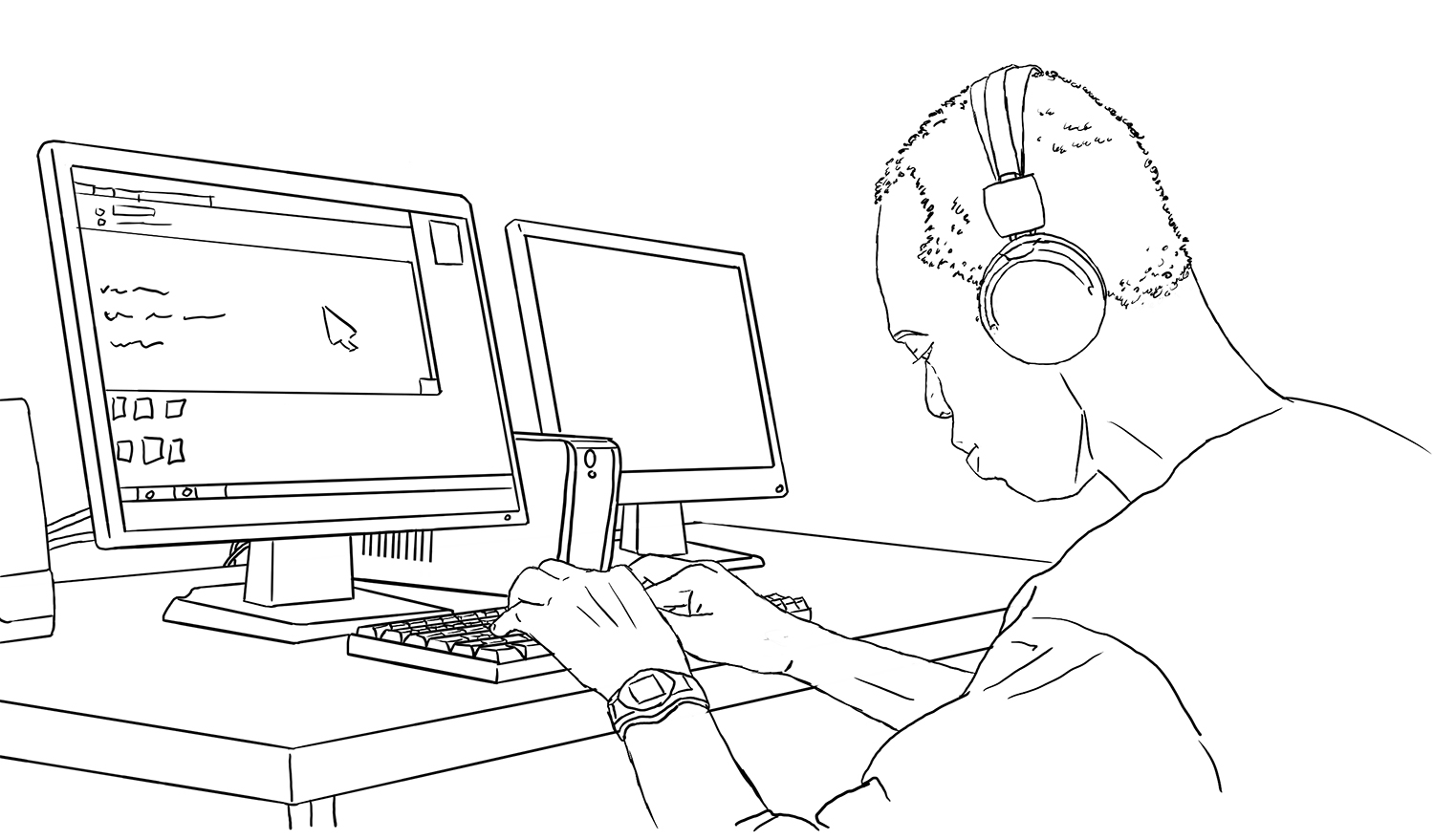 A blind person with headphones looking downward, using a desktop computer and a keyboard.
