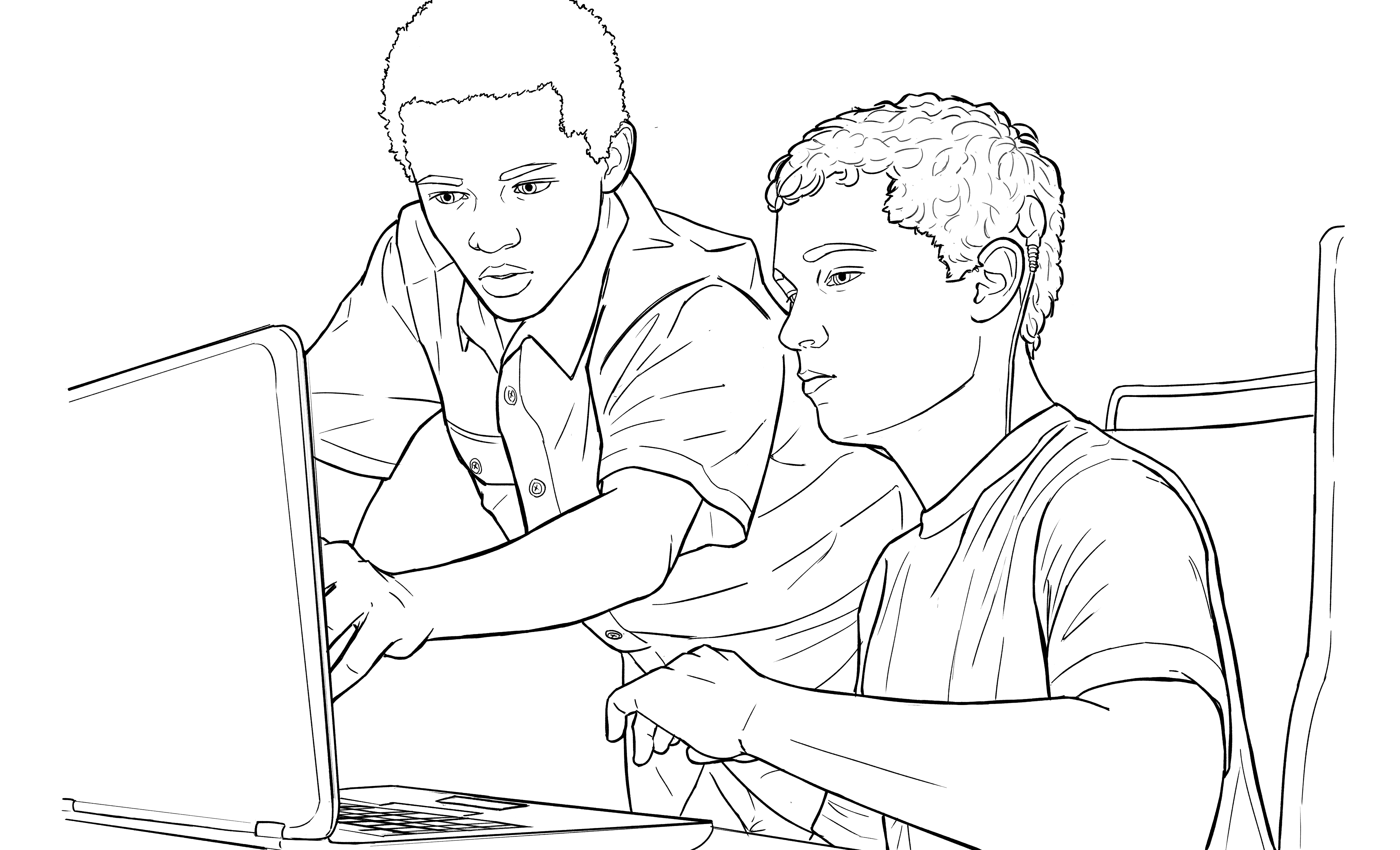 Two people using a laptop, one pointing and the other looking.