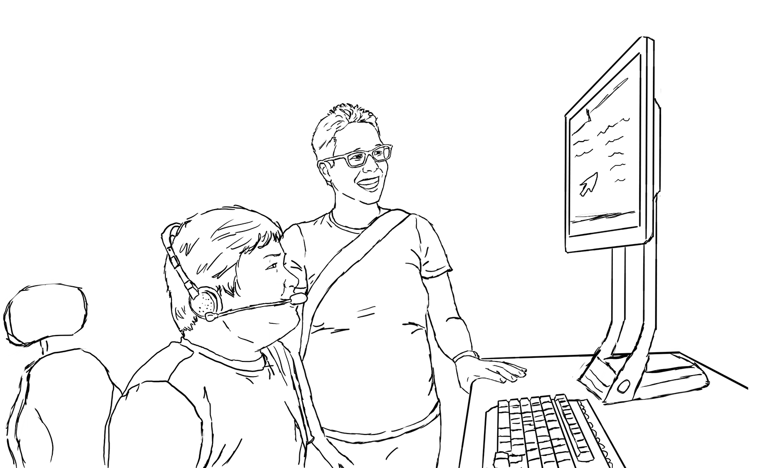 A student with a headset uses a computer, smiling up at it, while the instructor looks on.