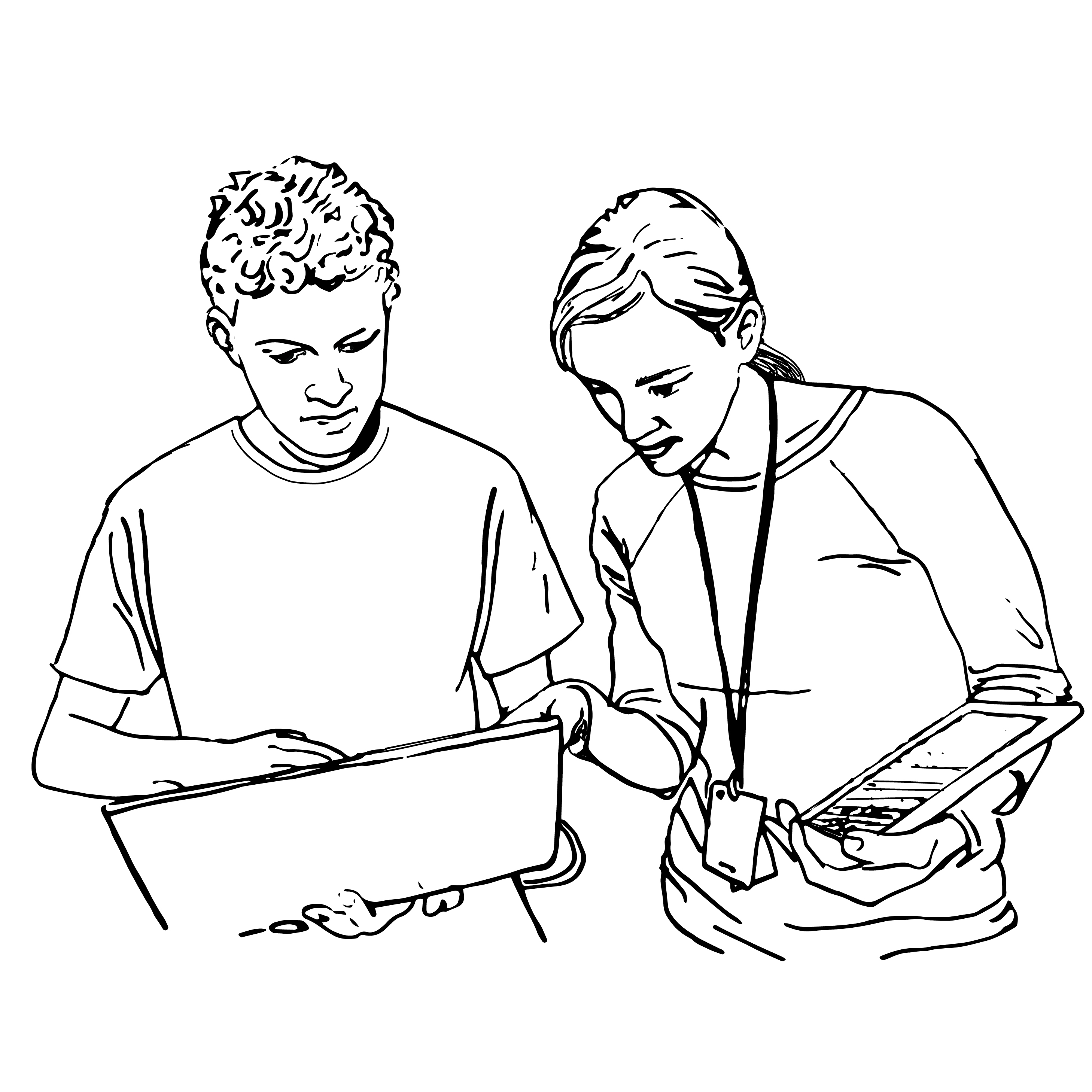 A student holds a laptop computer and shows something to their instructor. The instructor is holding a tablet and pointing at something on the student’s screen. 