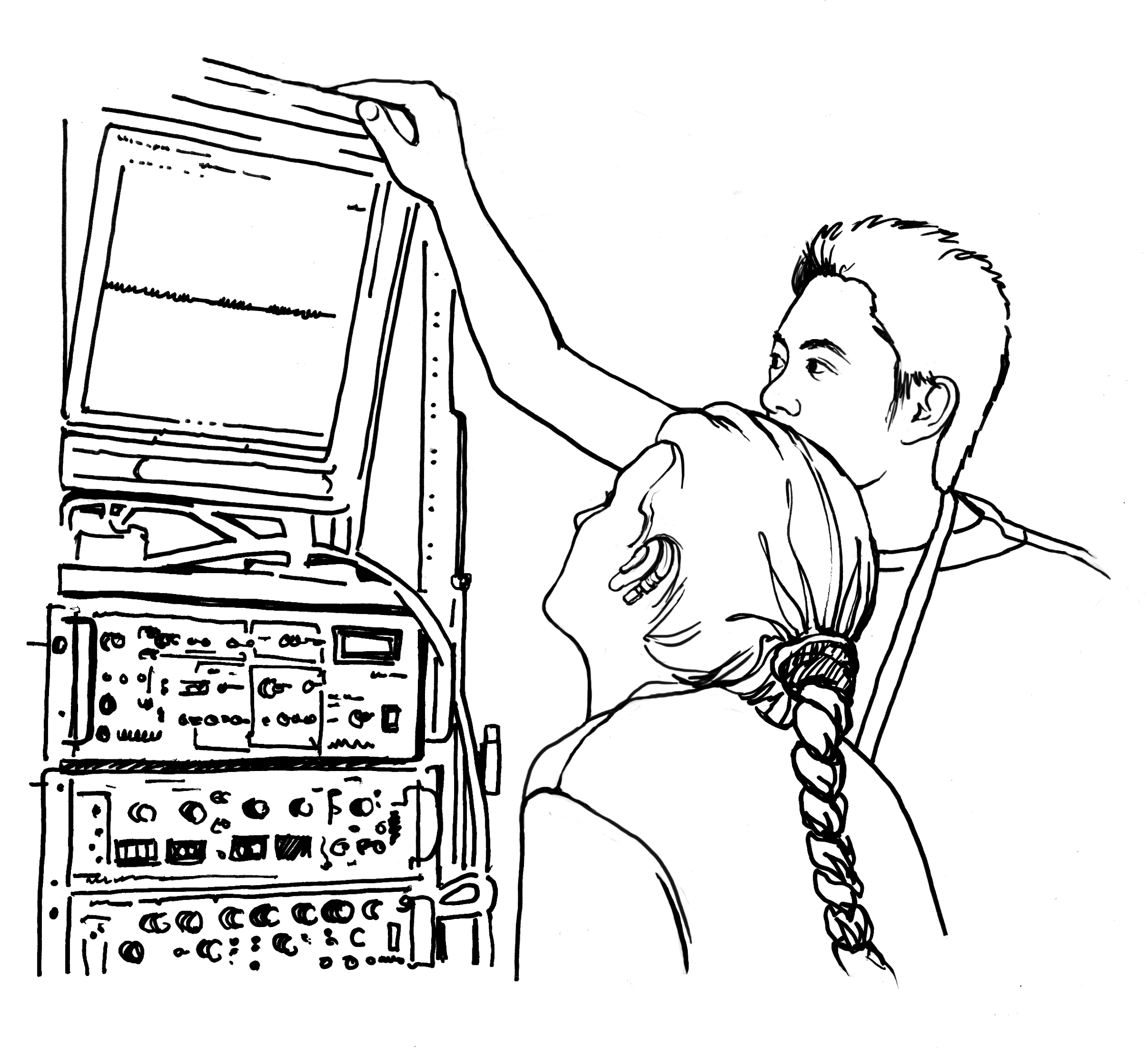 Two people staring at a data visualization above a stack of hardware with many controls.