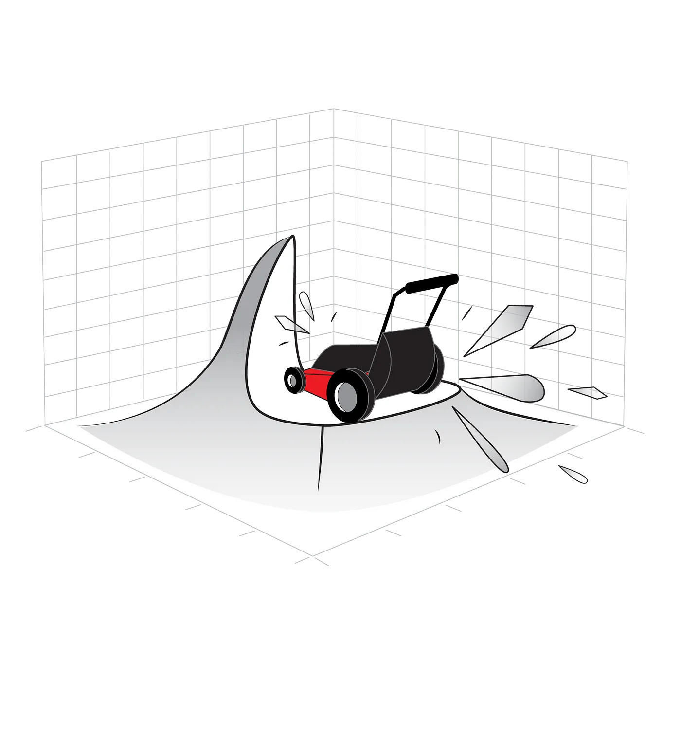A depiction of a normal distribution on three dimensional axes. A lawnmower is chopping through the middle part of the distribution, emphasizing the edges and “