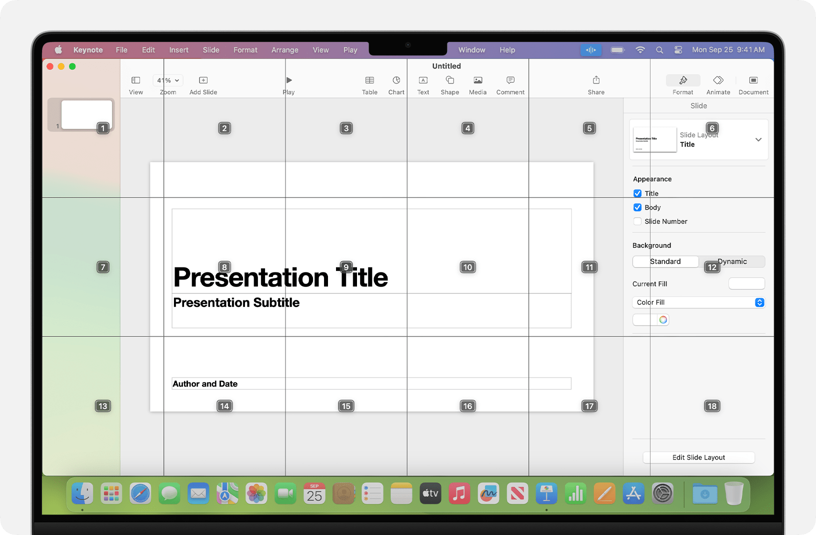 A screenshot of a Mac OS desktop interface with a new Keynote slides presentation visible. The screen has an overlay of a 3 by 5 grid and each cell of the grid is sequentially numbered 1 through 15.