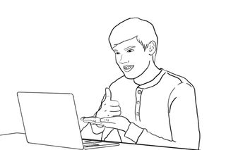 A Deaf South Asian student signs a message in front of a laptop computer.