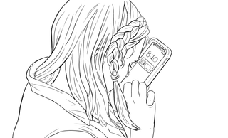 A person using a smartphone very close to their face, showing a time and notification.
