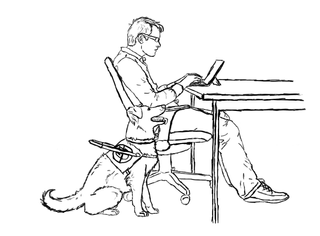A person with an assistive dog using a very small laptop at a table.
