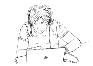 A person wearing a headset using a laptop.