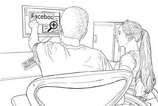 Two people, one in a wheelchair, looking at a monitor , showing a zoomed in Facebook logo.