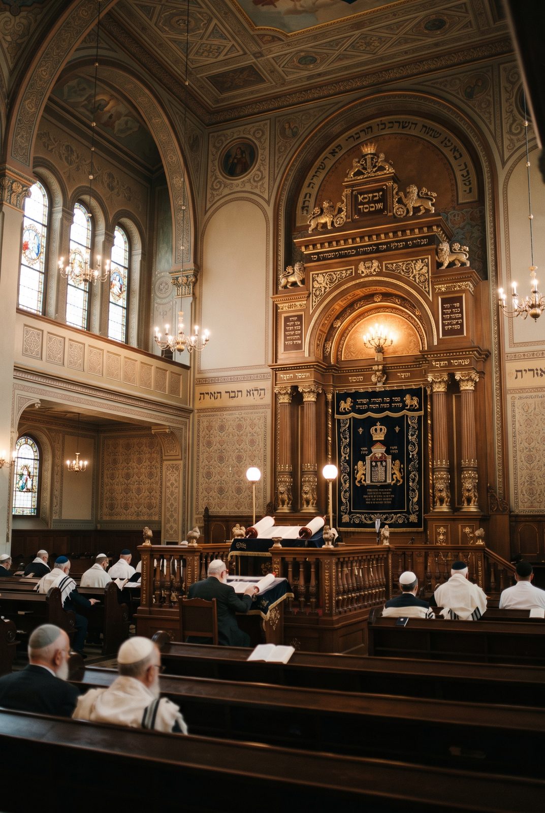 Interior de una sinagoga durante la lectura de la Torá, con el arca al fondo