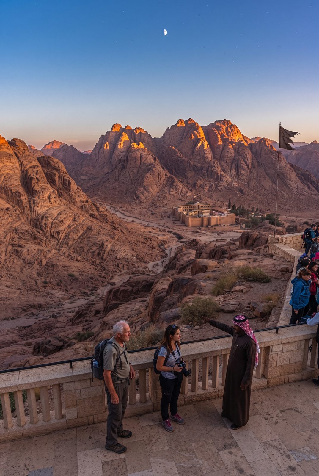Las montañas del Sinaí al amanecer, con el monasterio en el valle
