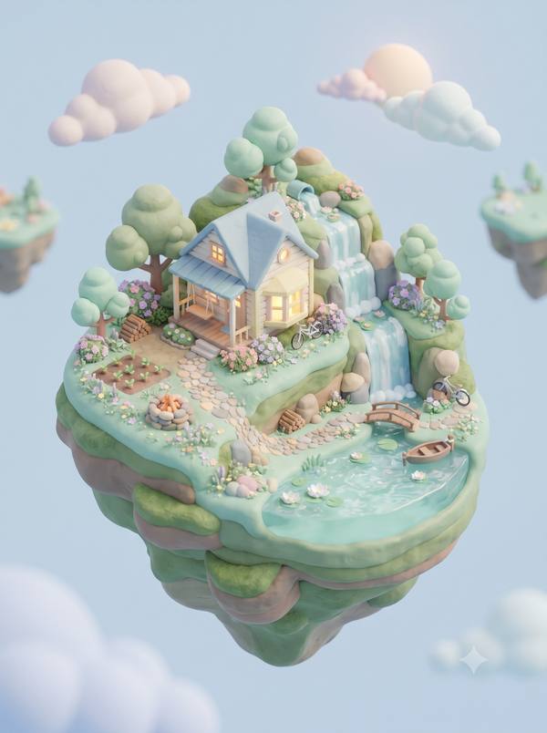 Floating Cottage Island — 3D Isometric Clay Print (Printable)