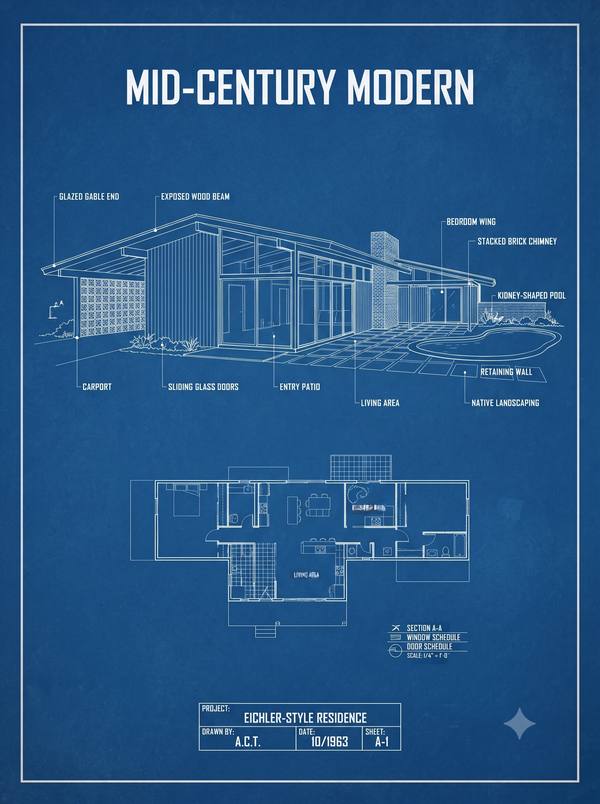 Mid-Century Modern — Architectural Blueprint Print (Printable)