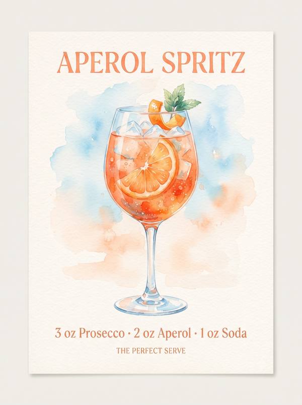 Aperol Spritz — Watercolor Cocktail Recipe Print (Printable)