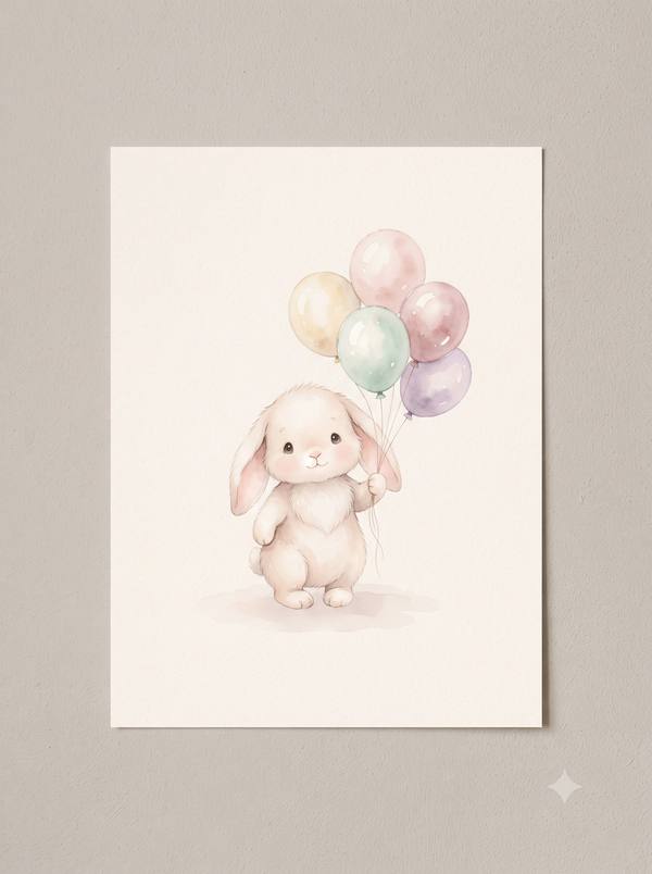 Bunny with Balloons — Watercolor Nursery Print (Printable)
