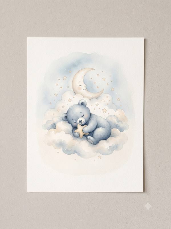 Sleepy Bear on a Cloud — Watercolor Nursery Print (Printable)