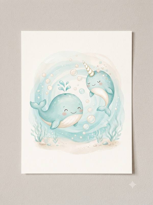 Whale & Narwhal — Ocean Nursery Print (Printable)