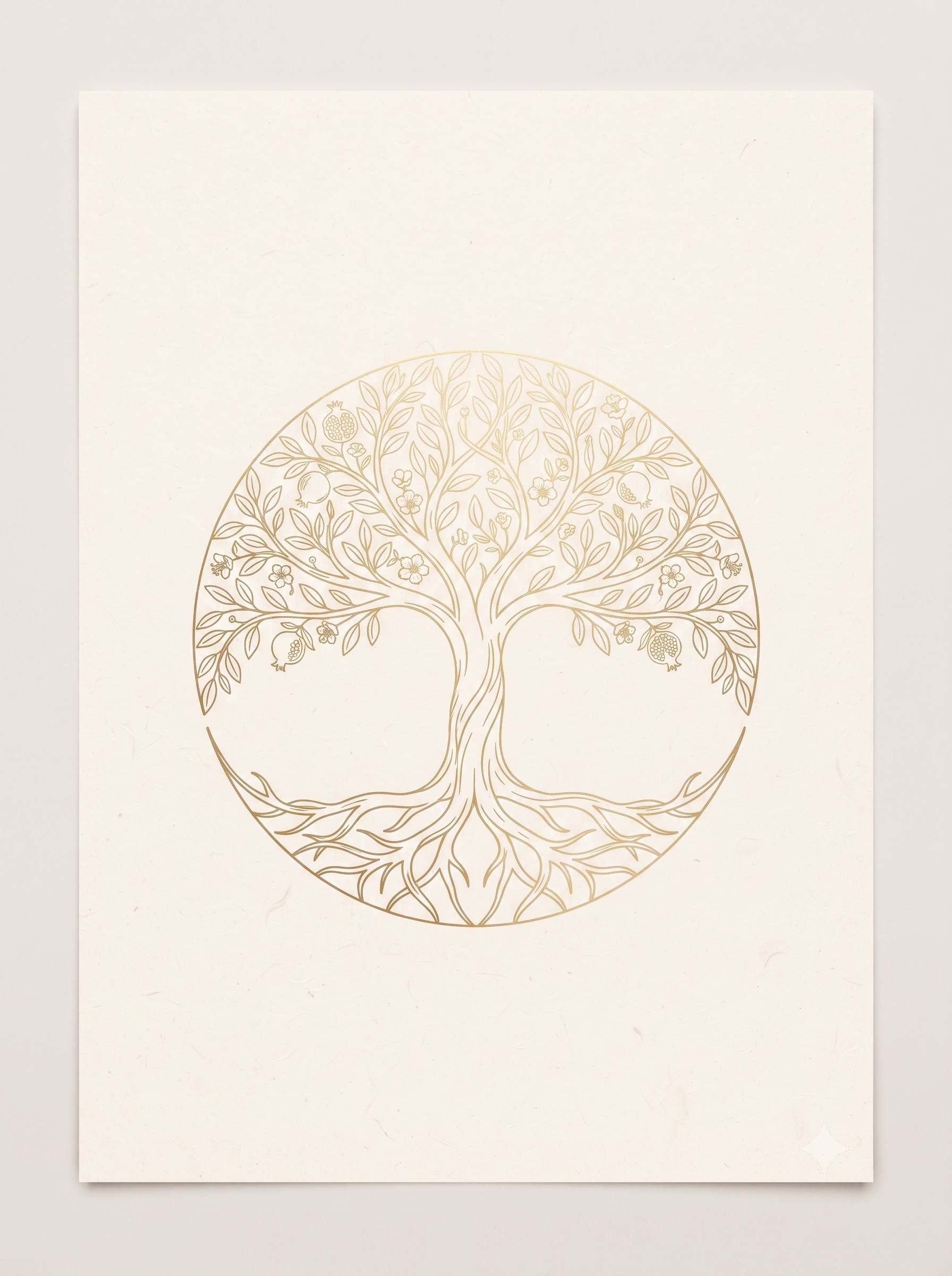 Tree of Life (Circular) Wall Art — Gold Line Art with Pomegranates & Blossoms (Printable)