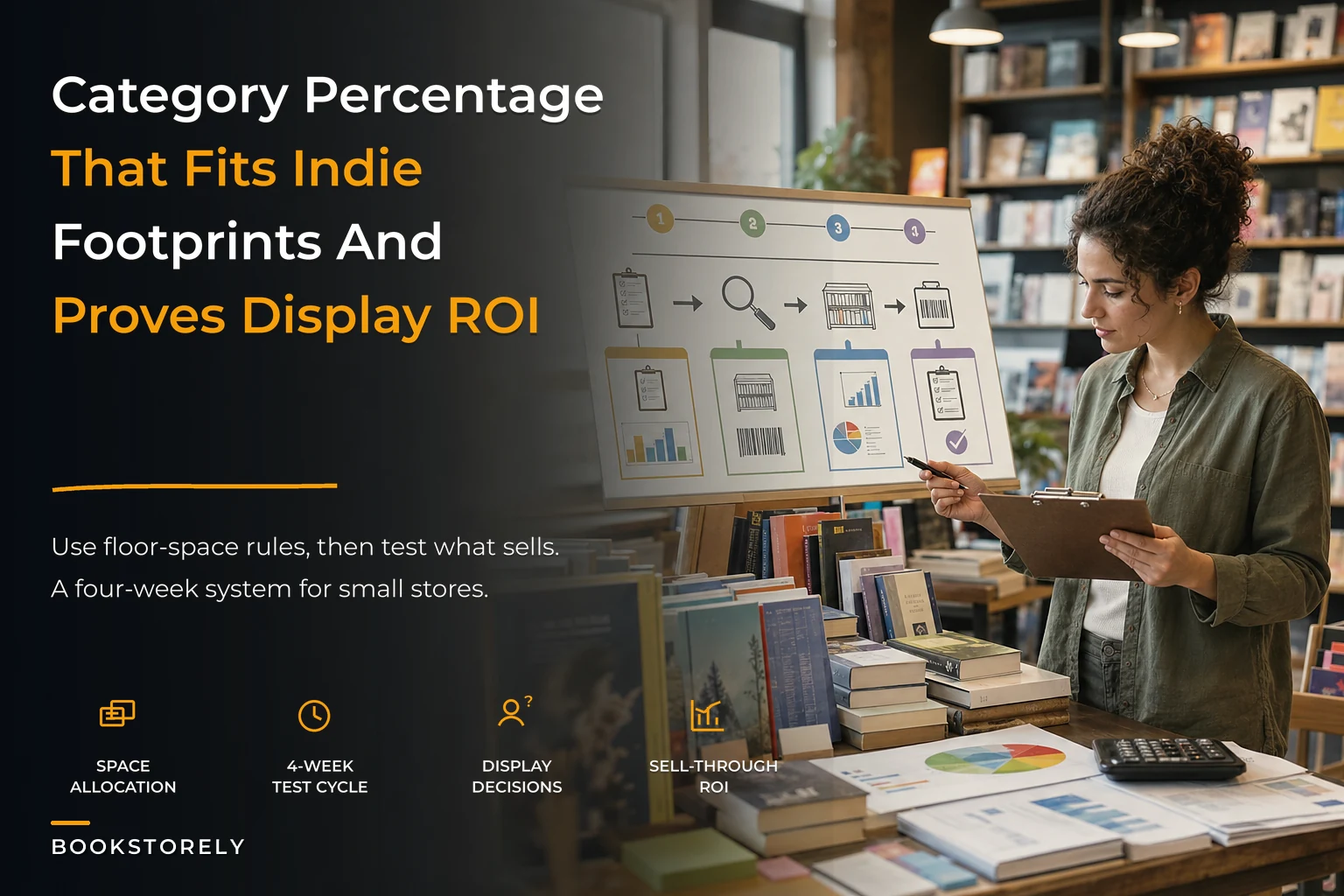 A merchandising system for small bookstores: category-percentage planograms, seasonal templates and a 4‑week display ROI test
