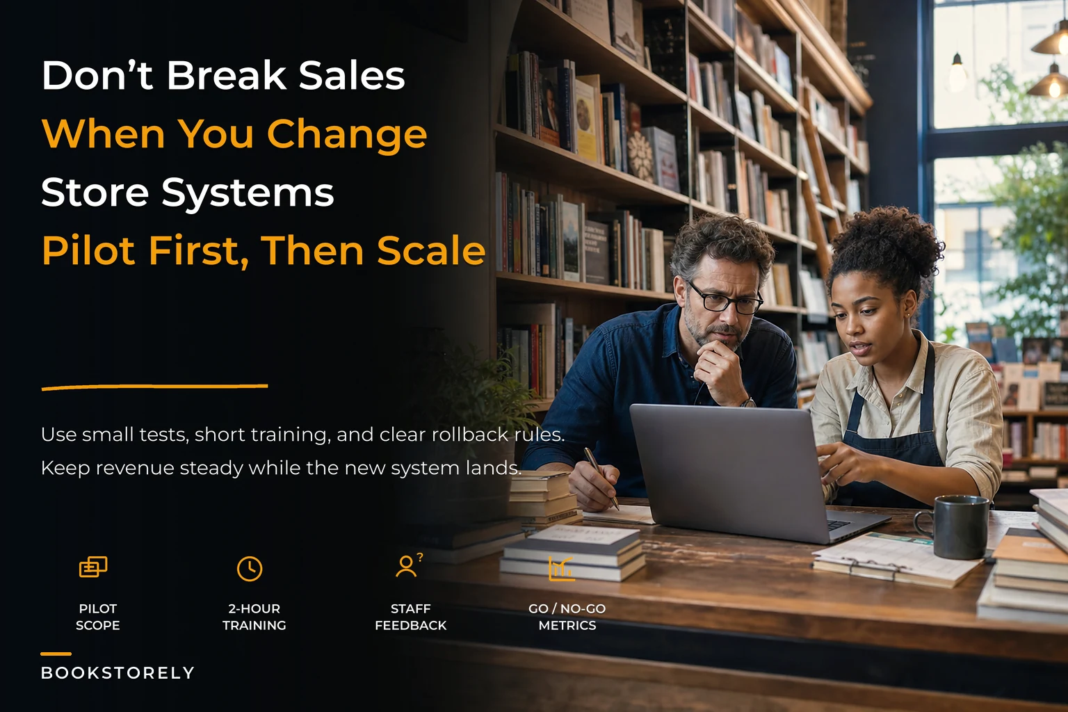 Don't let system changes kill sales: a small-team change playbook to pilot, train, scale and measure new bookstore systems without disrupting revenue