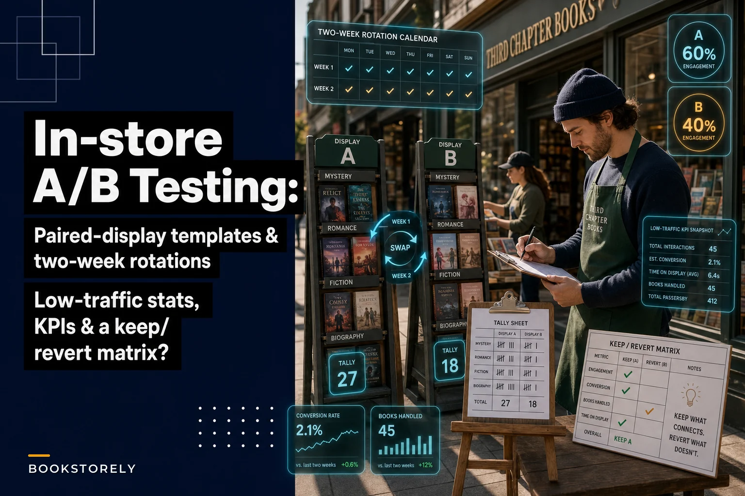 In-store A/B testing for bookstores: paired-display templates, low-traffic stats and a keep/revert decision matrix
