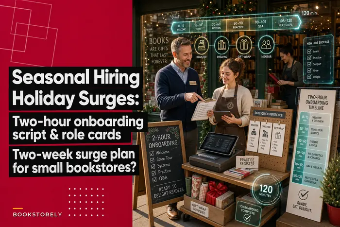Seasonal hiring for holiday surges: a two‑hour onboarding script, role cards and a two‑week surge plan for small bookstores