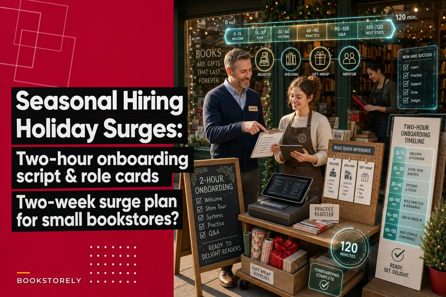 Seasonal hiring for holiday surges: a two-hour onboarding script, role cards and a two-week surge plan for small bookstores