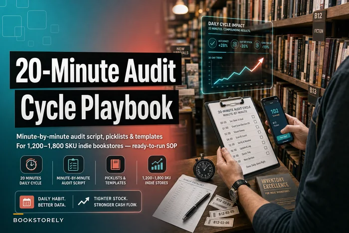 Step‑by‑step 20‑minute daily cycle‑count playbook for 1,200–1,800 SKU indie bookstores (sample math, minute‑by‑minute audit script, forms & templates)