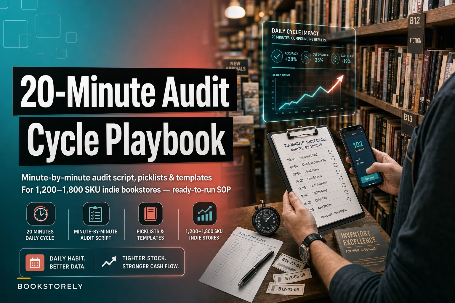 Step‑by‑step 20‑minute daily cycle‑count playbook for 1,200–1,800 SKU indie bookstores (sample math, minute‑by‑minute audit script, forms & templates)