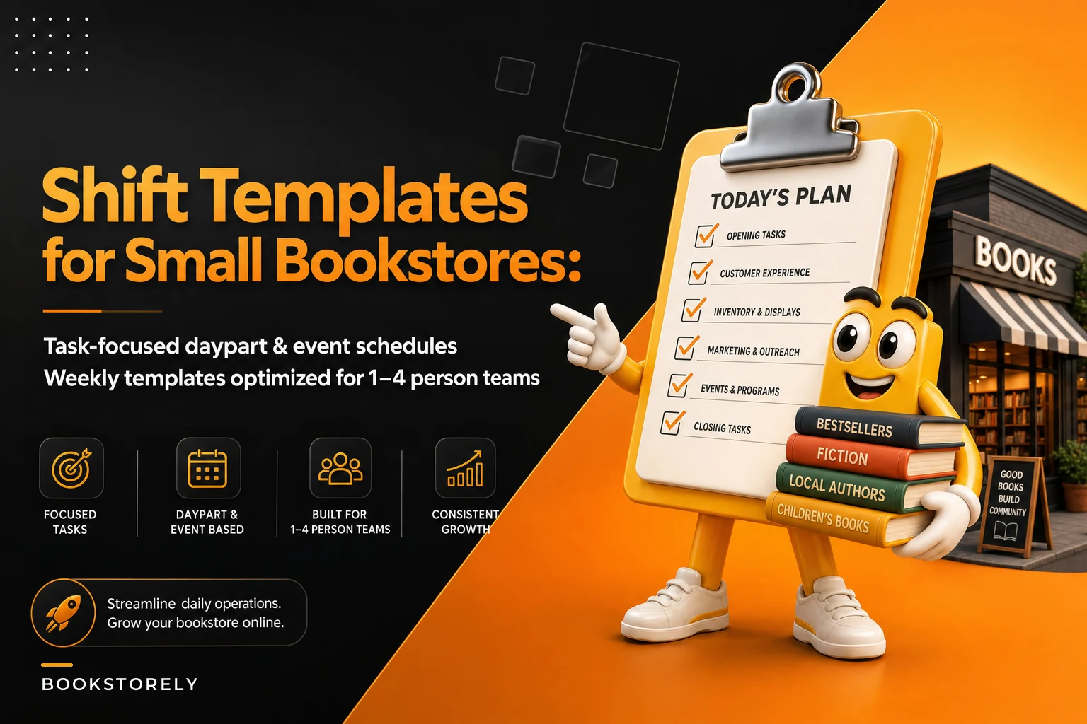 Weekly shift templates for 1–4 person bookstores: task-focused schedules for events and dayparts