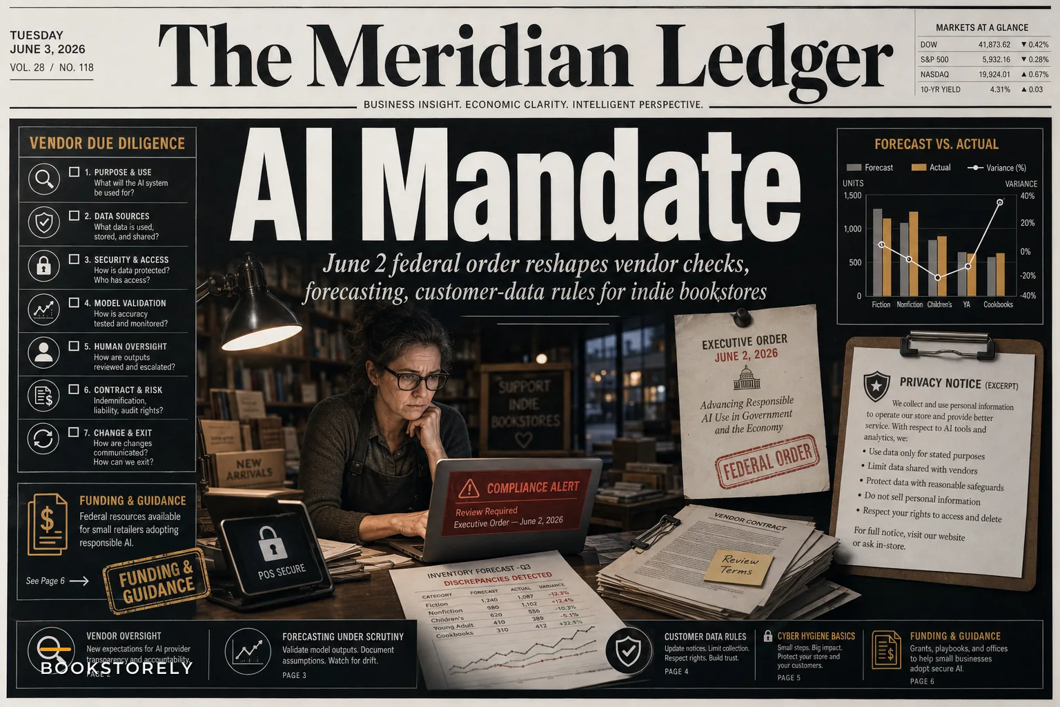 What the new federal AI executive order means for indie bookstores — inventory forecasts, customer data, and vendor due diligence