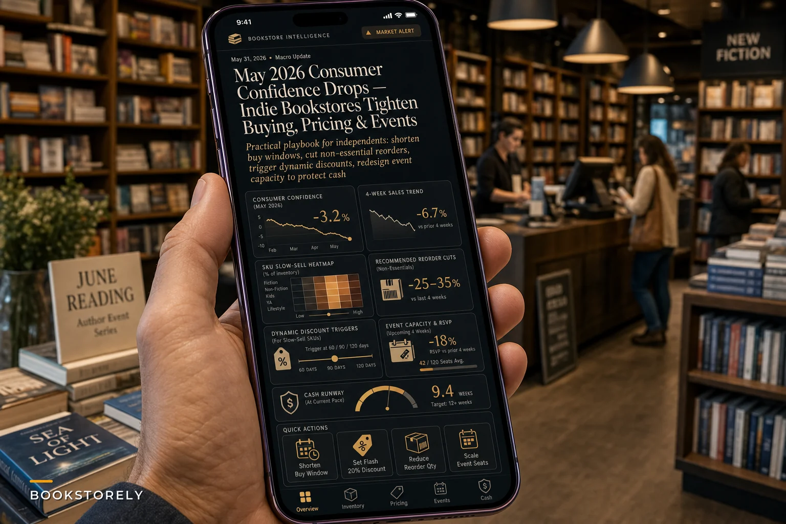 When Consumers Pull Back: A practical buying, pricing and event playbook for indie bookstores after May's confidence drop