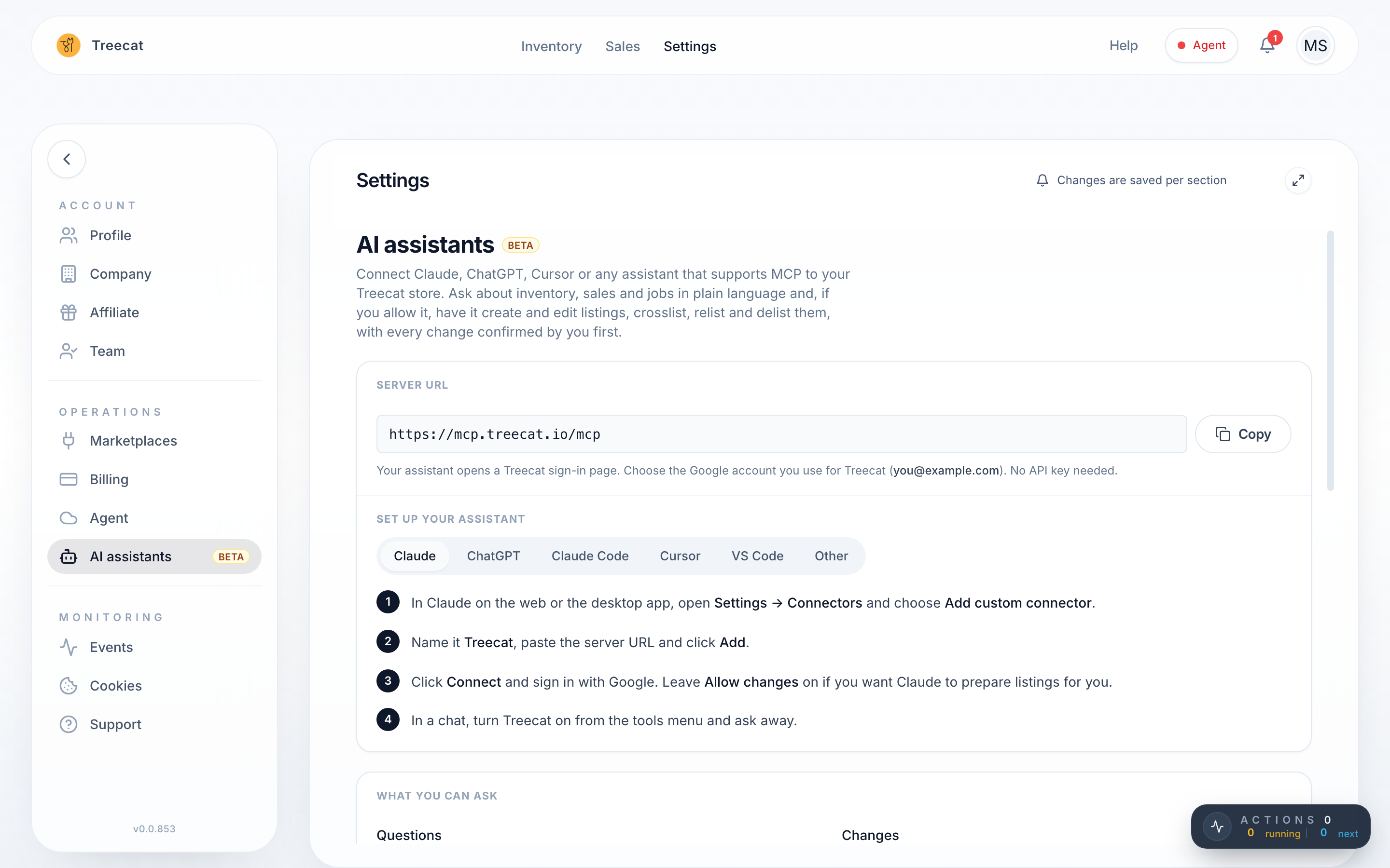 Settings → AI assistants: the server URL with its Copy button, and setup steps for Claude, ChatGPT, Claude Code, Cursor and VS Code