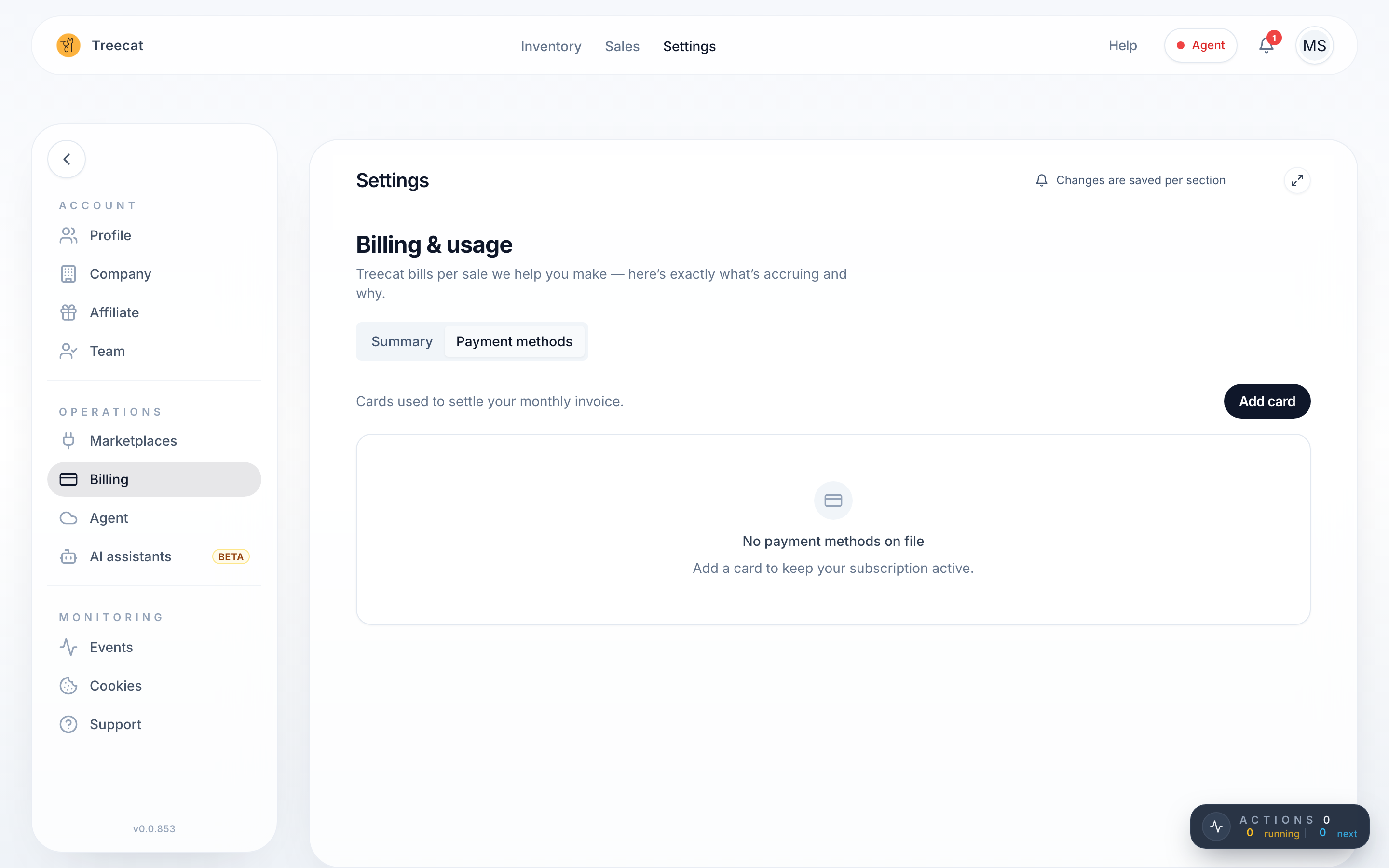 Settings → Billing, Payment methods tab, with the Add card button