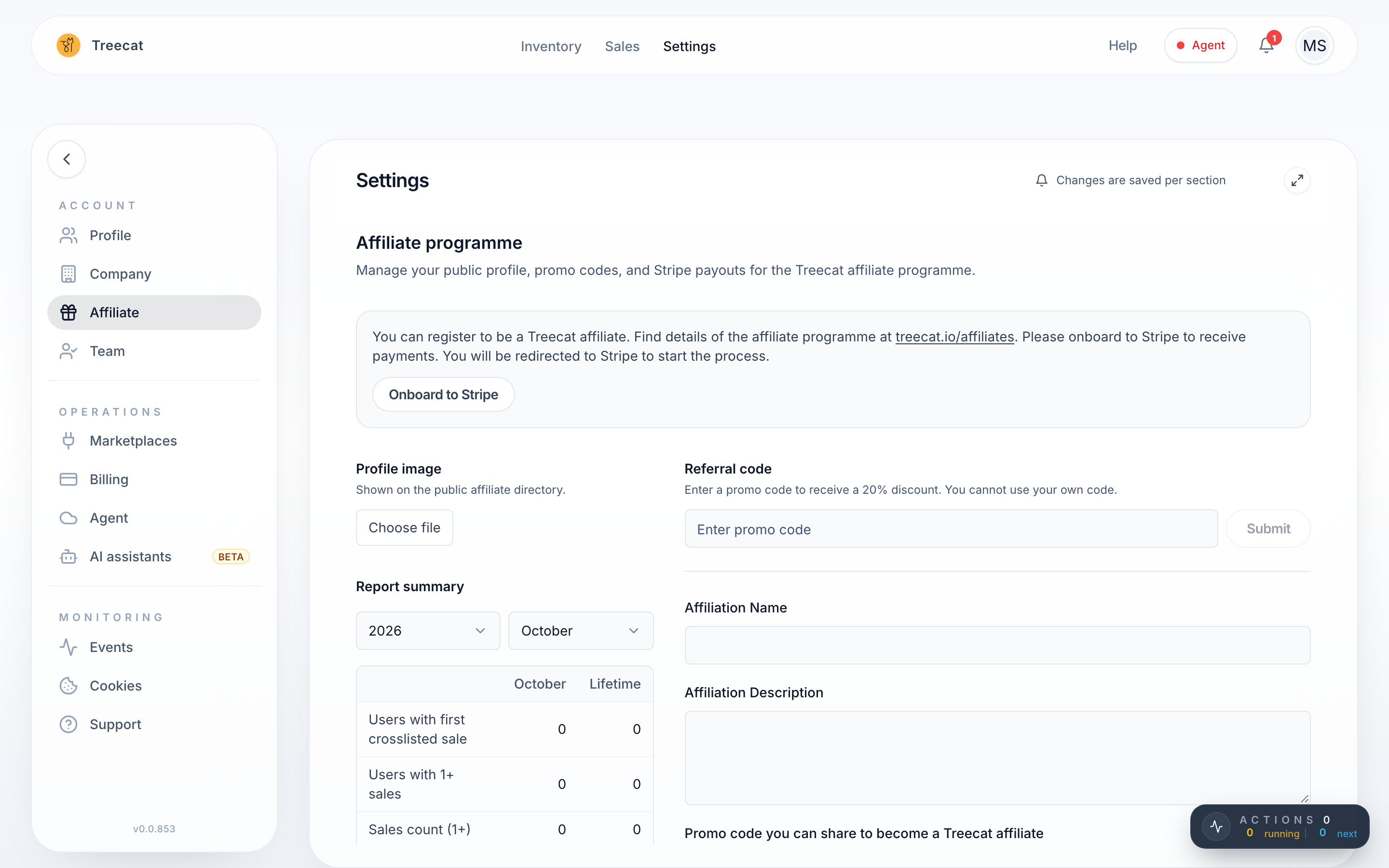 Settings → Affiliate, with the Referral code field where you enter a promo code