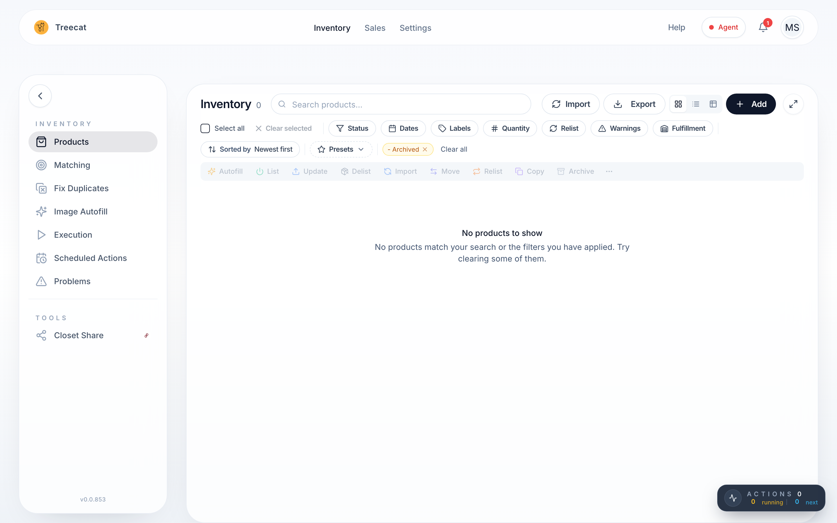 The Products page with the filter bar and the default Archived filter