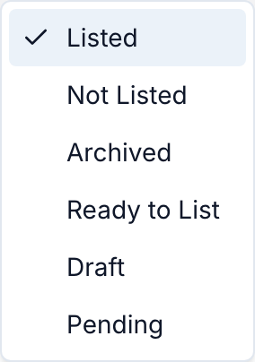 The status options: Listed, Not Listed, Archived, Ready to List, Draft and Pending