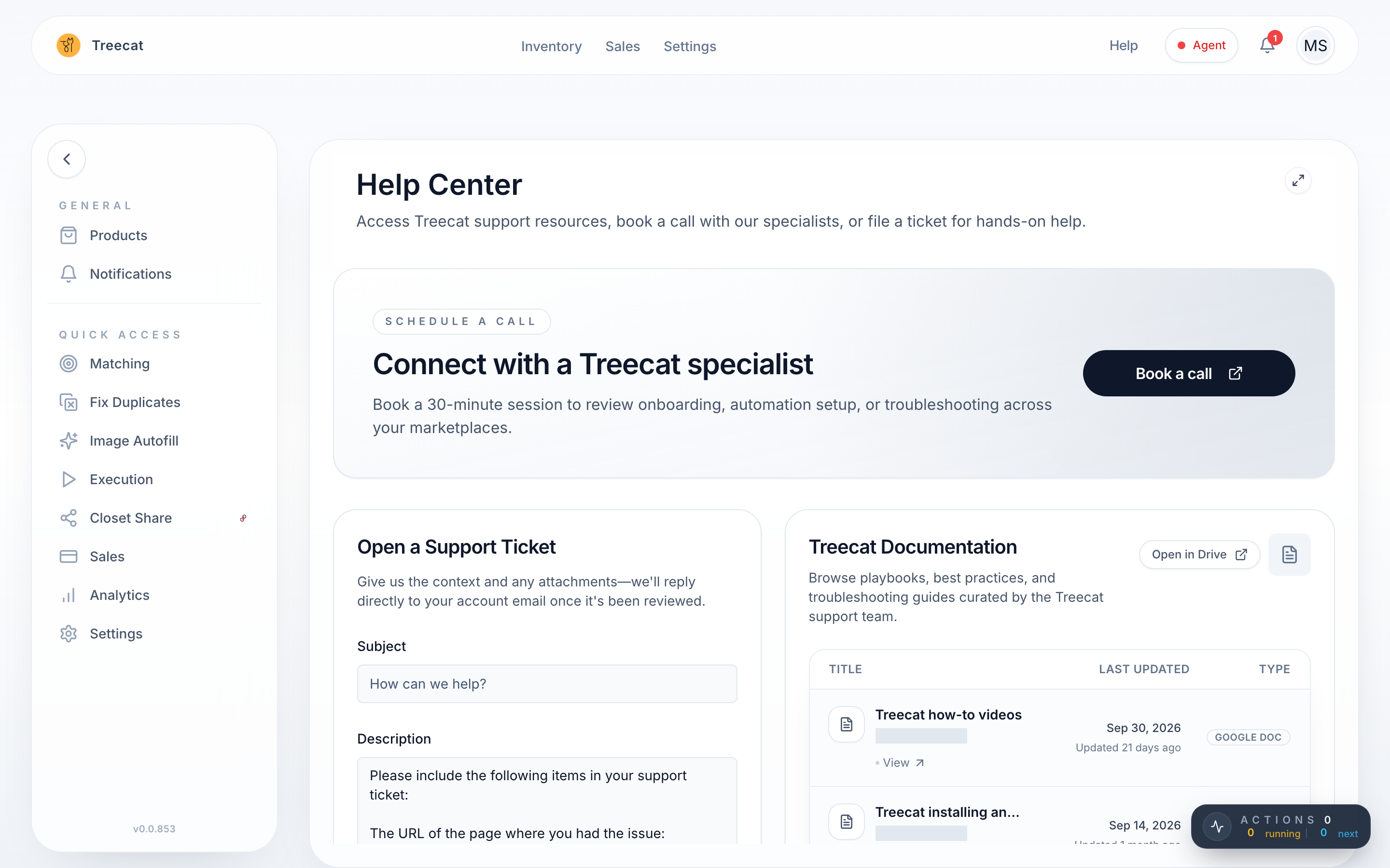 The Help Center page with the Book a call card and the support ticket form