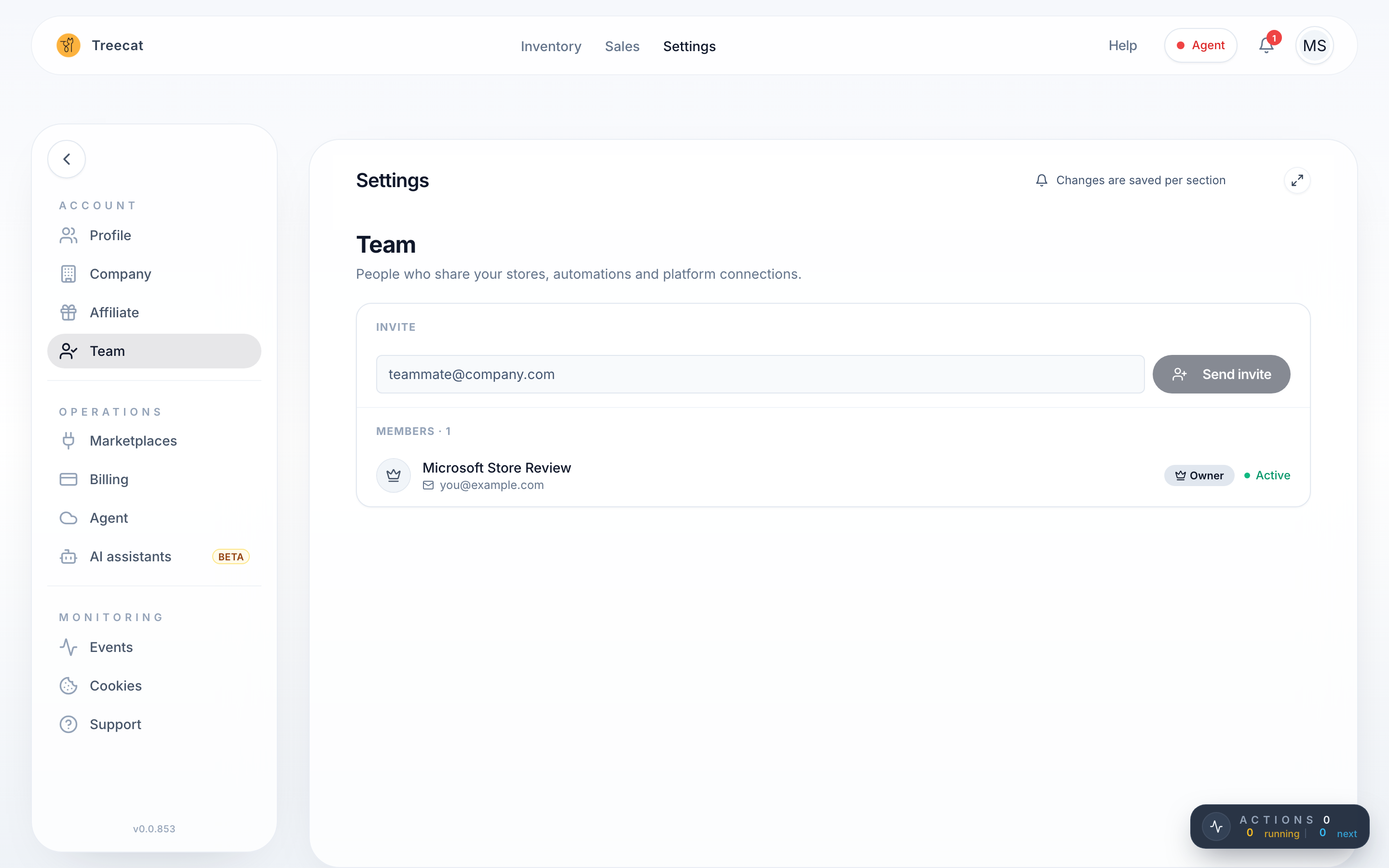 Settings → Team with the invite field and the list of members