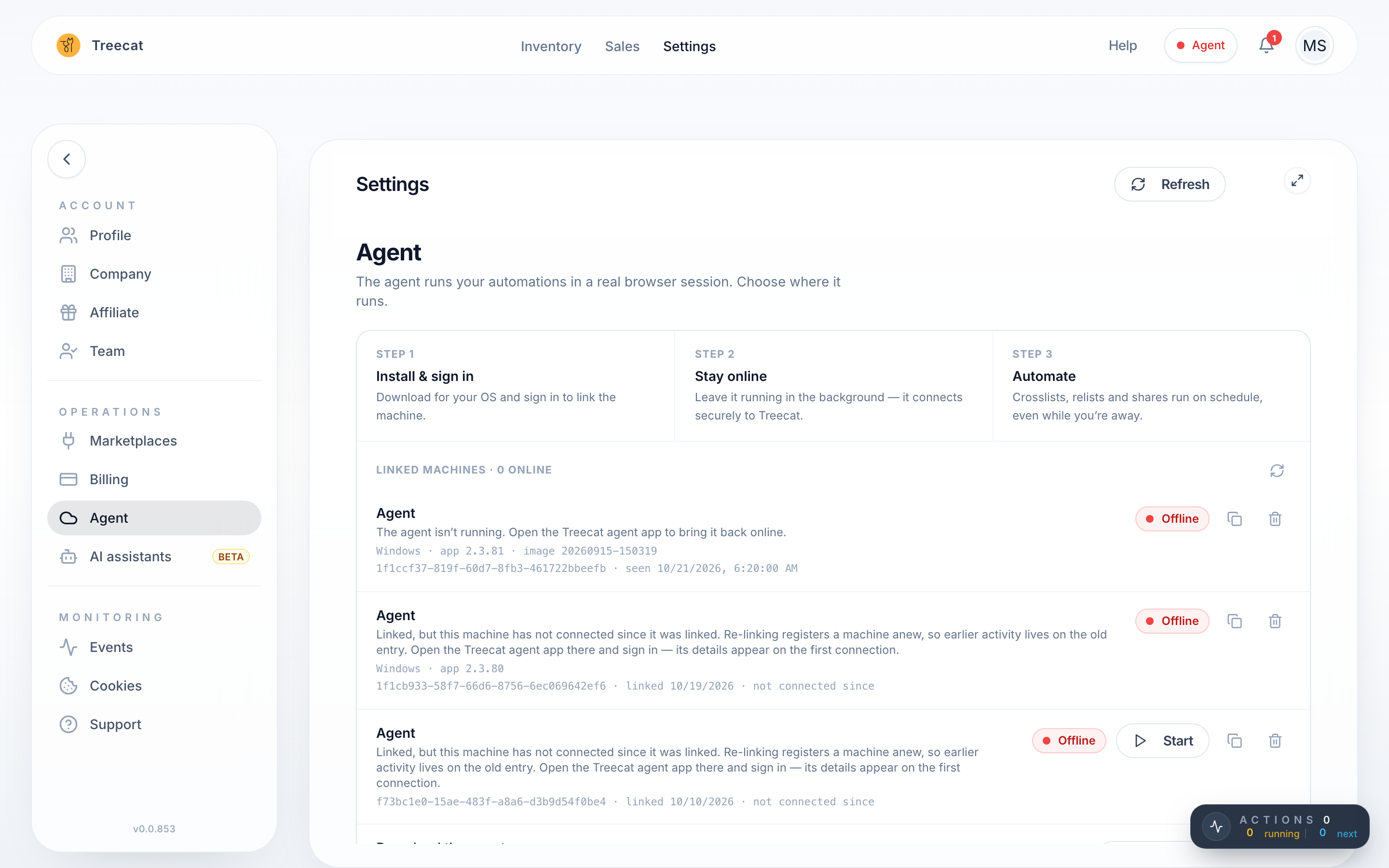 Settings → Agent with the linked computers and their online status