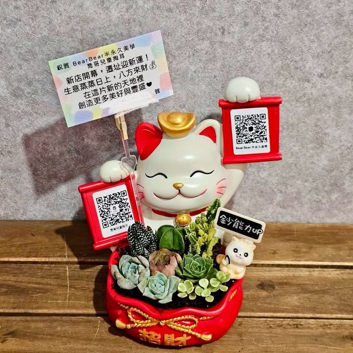 高雄多肉舉雙牌-喜氣貓咪招財禮盆