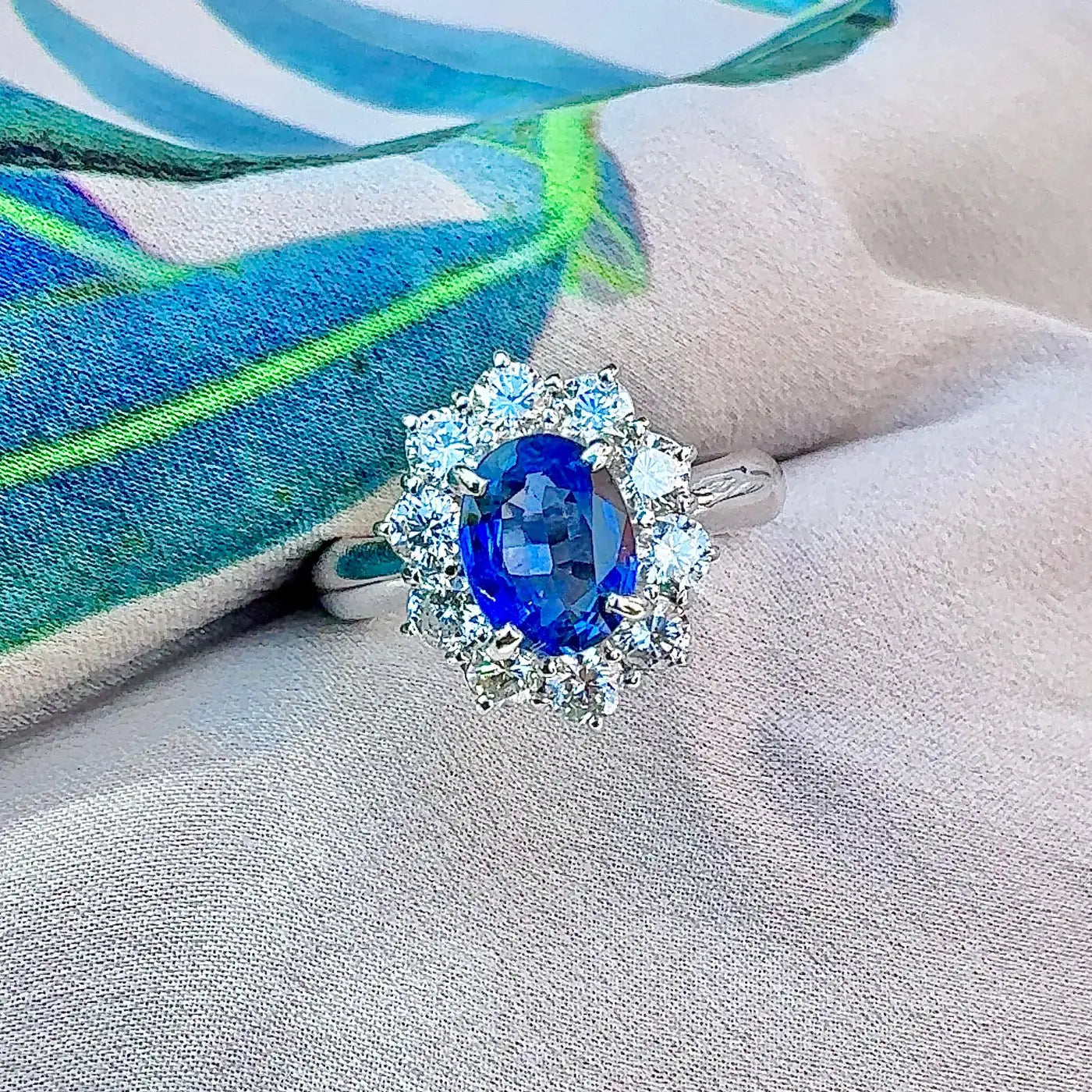 GIA Certified 1.3ct Blue Sapphire & Diamond Halo Platinum Ring