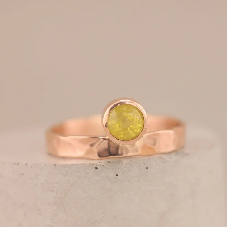 9ct Rose Gold Yellow Sapphire Hammered Engagement Ring