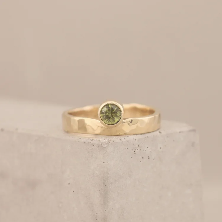9ct Gold Green Sapphire Hammered Engagement Ring