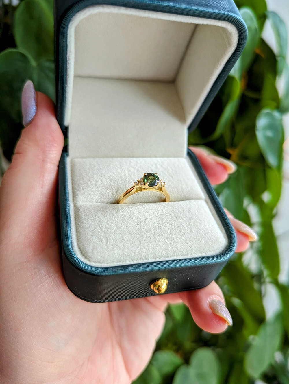 Green Sapphire & Diamond Trefoil Engagement Ring