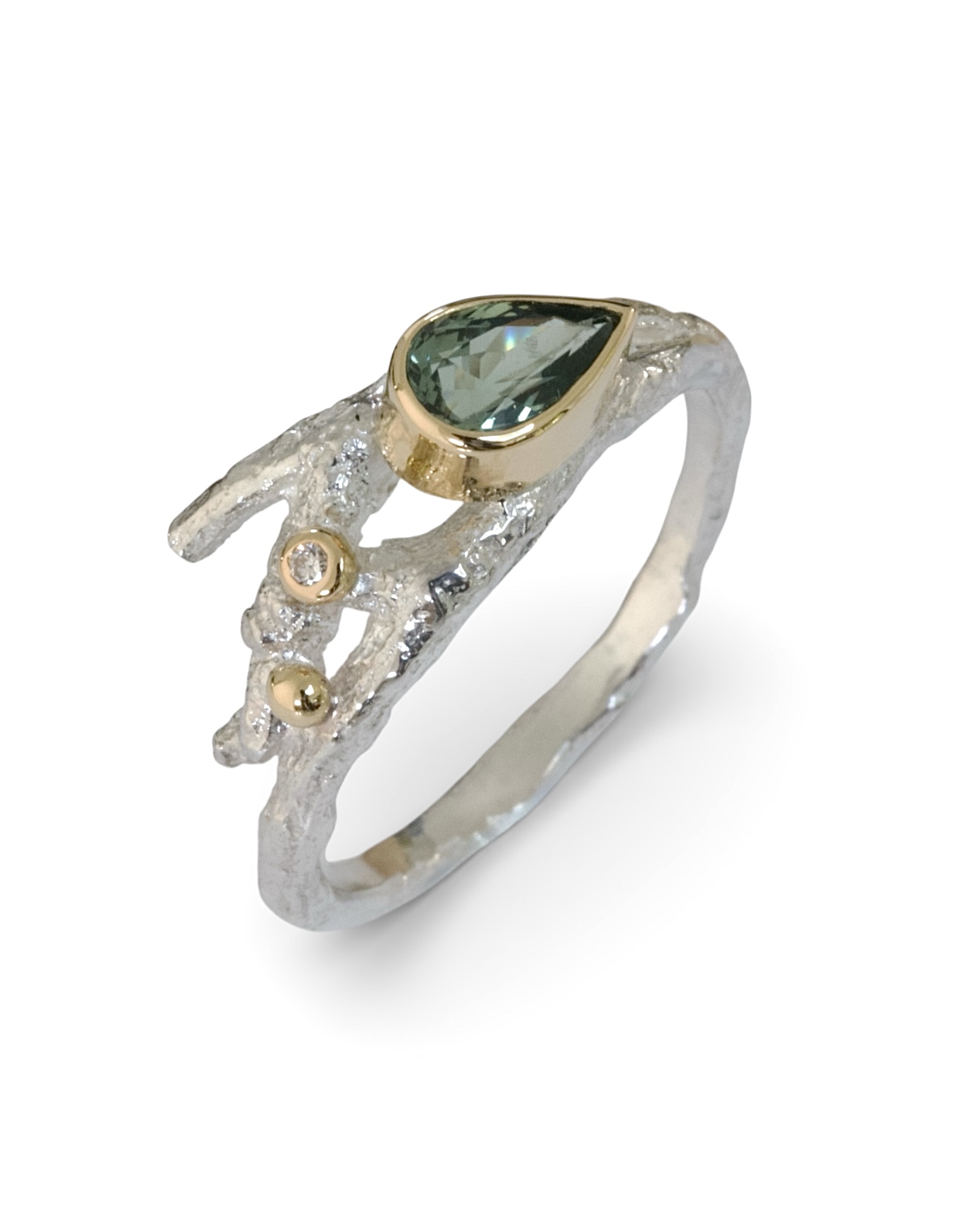 Silver and 18ct Gold Elvish Sapphire Twig Ring