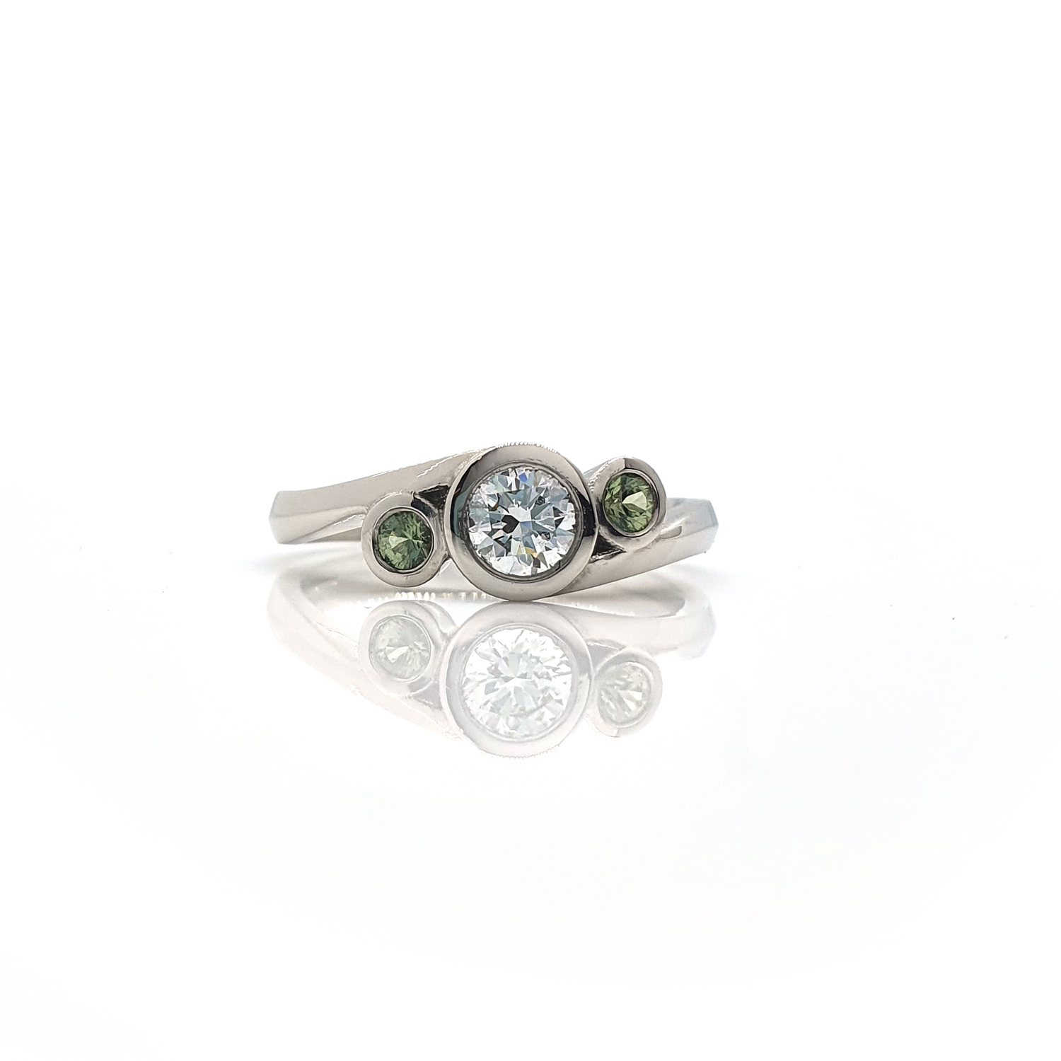 Tidal Platinum, Diamond & Green Sapphire Engagement Ring